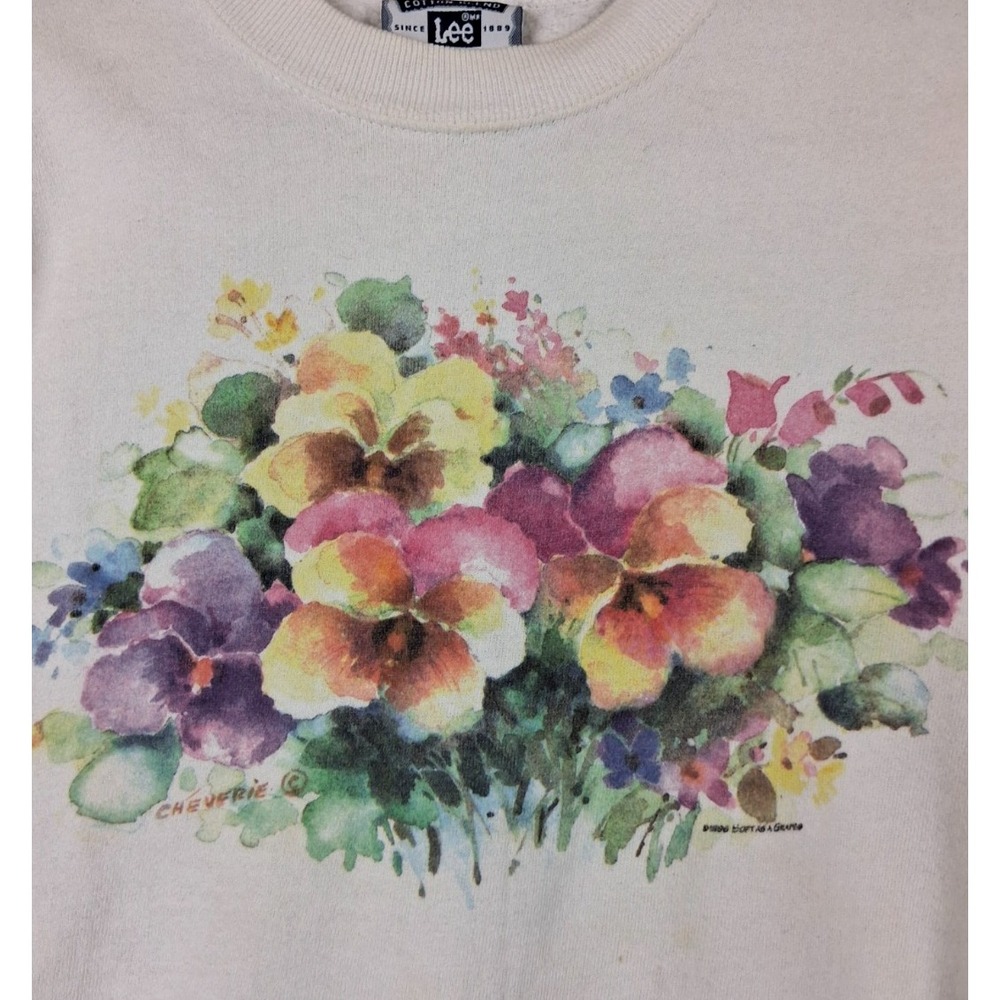 VTG LEE Womens Sweatshirt M White Flower Graphic 90s USA Pastel Botanical Granny